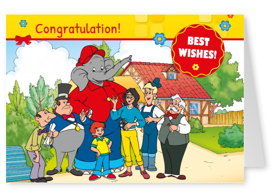 illustration Benjamin the elephant with all his friends in front of the zoo