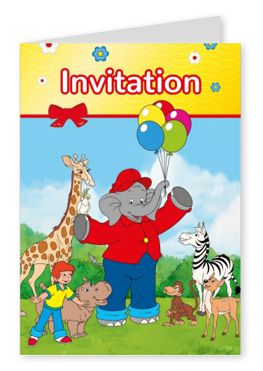 illustration Benjamin the elephant with friends outside with balloons