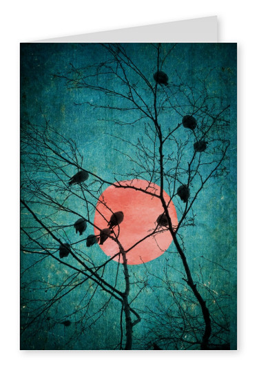 Kubistika sleeping birds in a tree with red moon in the back