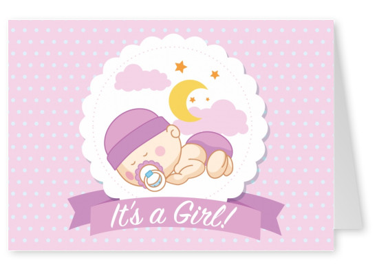 It's a girl- Lettering with sleeping baby-girl on pink background