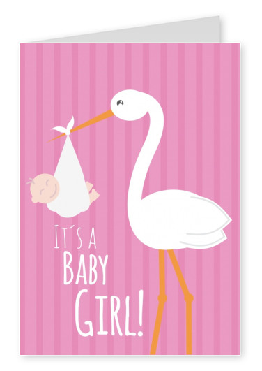 White It's a baby girl -Lettering with a stork and baby on pink background