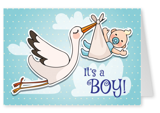 It's a boy-Lettering with stork and baby flying on a blue background