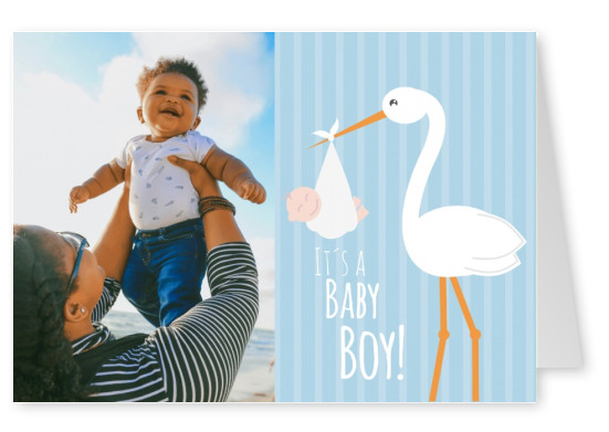 White It's a baby boy -Lettering with a stork and baby on a blue background