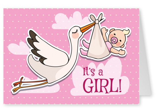It's a girl-Lettering with stork and baby on a pink background