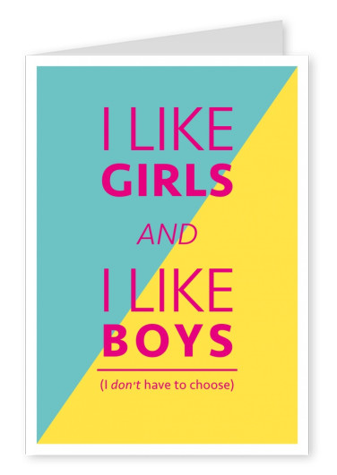 Queer bisexuality pride statement in pink lettering on blue and yellow background–mypostcard