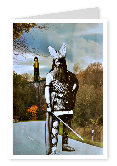 collage by Belrost with Viking, naked girl in the background in forest sourrounding