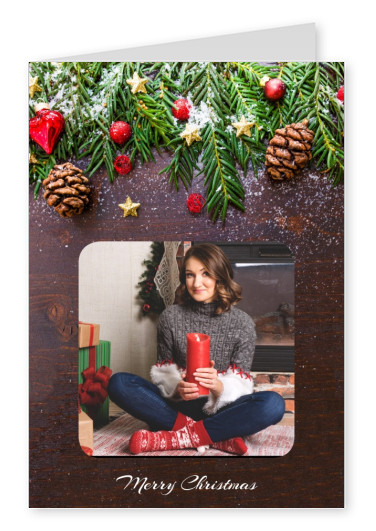 Festive template in wood appearance and Christmas decoration