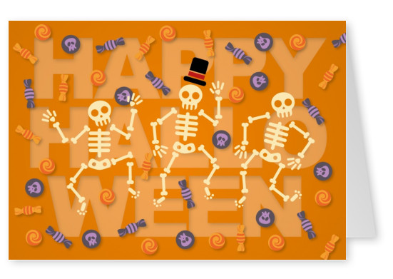 Orange Happy Halloween card with skeletons