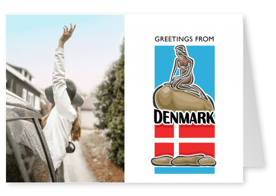 Denmark greeting card with little mermaid and danish flag on white background–mypostcard