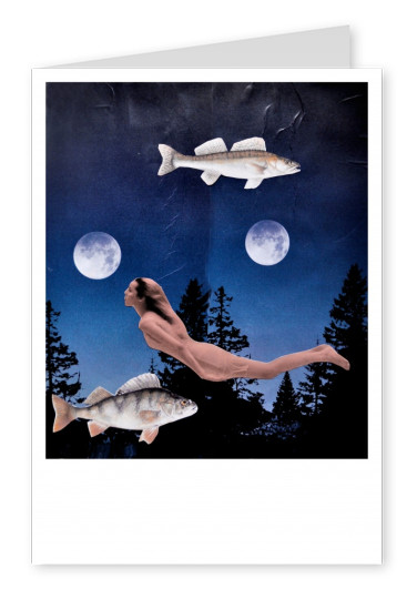 Collage Belrost womand swimming with fishes under two moons