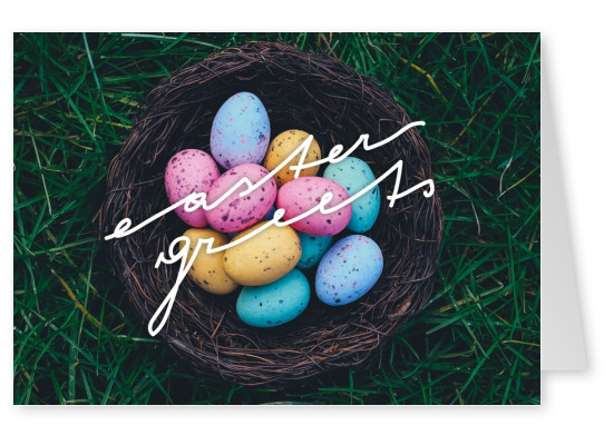 easter greets basket with colorful easter eggs