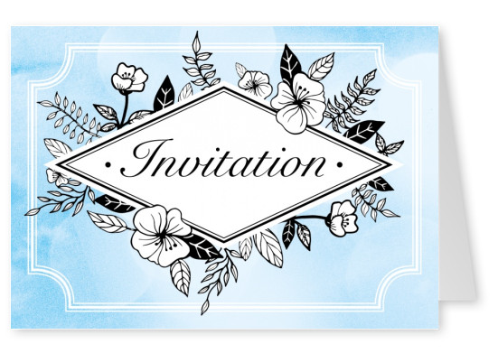 Blue invitationcard with flower ornaments