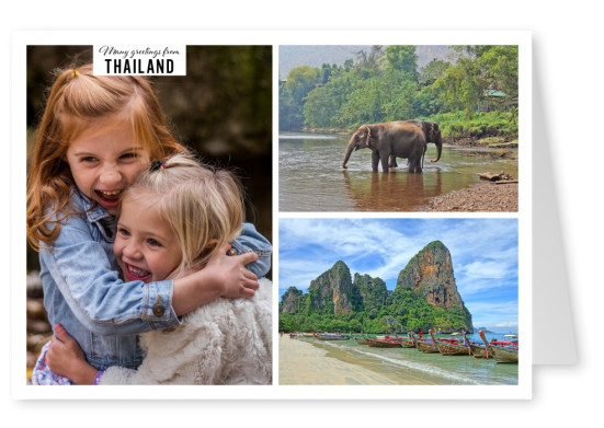two photos of Thailand with beach and Thais with elephant