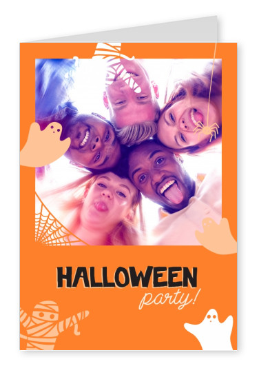 Cartão laranja com fantasmas. Halloween party!