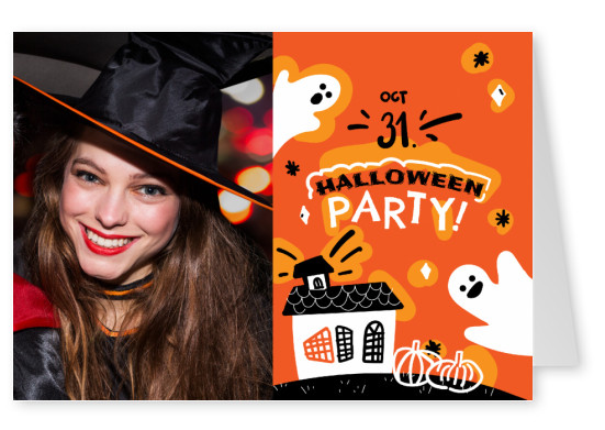 Cartão laranja com fantasmas. Halloween party!