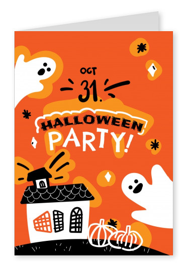 Carte orange avec des fantômes. Halloween party!