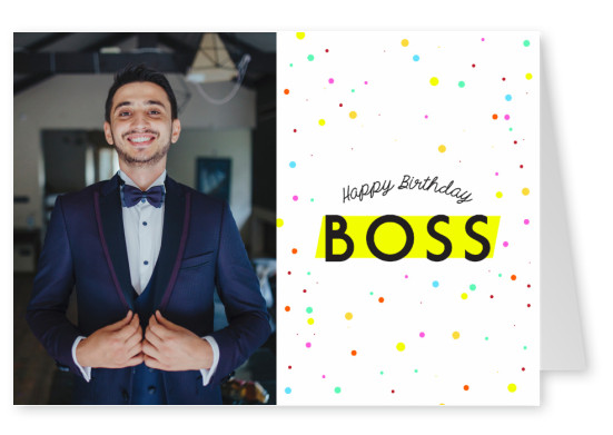 Vitt kort med färgglada prickar som säger Happy Birthday Boss
