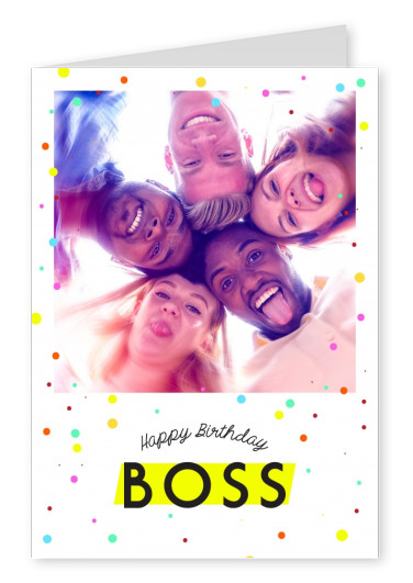 Carton blanc avec des points colorés en disant Happy Birthday Boss