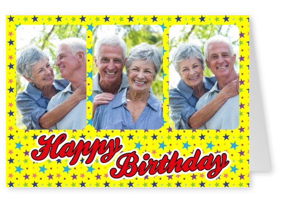 Personalize card with space for three photos, a colorful stars pattern und lettering happy birthday