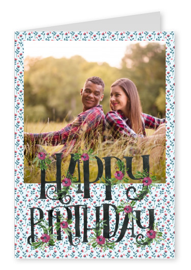 personalize birthday card for one photo with flower pattern and watercolor lettering