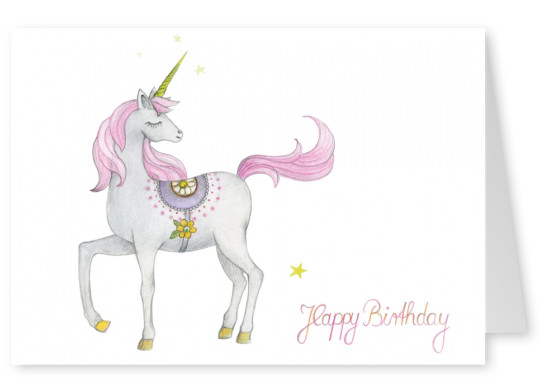Happy Birthday card with illustration of unicorn