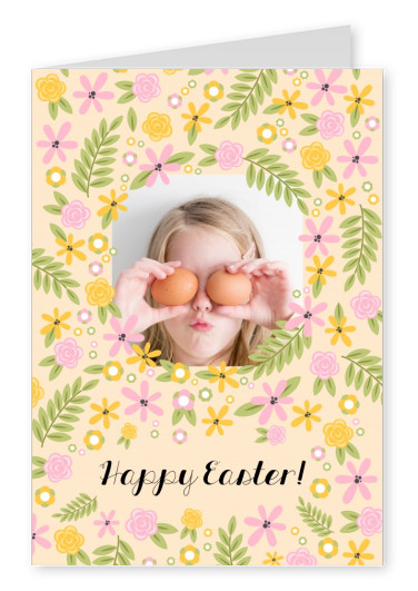 happy easter with pastel flower pattern and yellow background