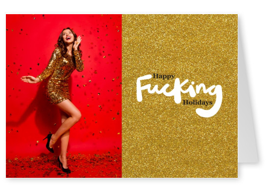 Happy Fucking Holidays on golden glitter background