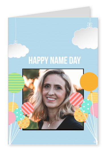 blue card with balloons and clouds