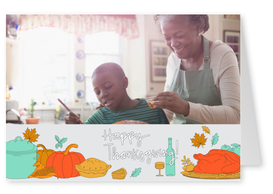 Happy thanksgiving! Tarjeta con platos tradicionales del día de acción de gracias.