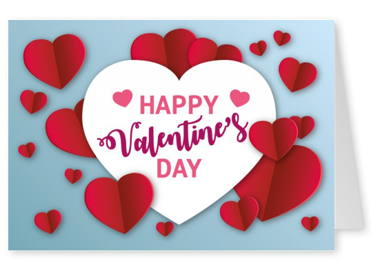 Valentine`s card with red and white hearts and quote: happy Valentine`s day