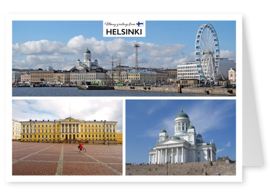 Helsinki photocollage showing harbour skyline, cathedral and big wheel