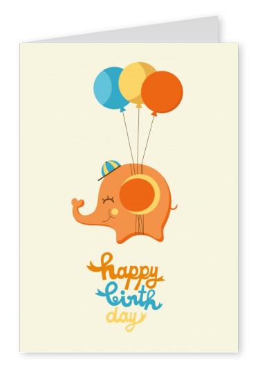 Cute little elephant flying high with balloons