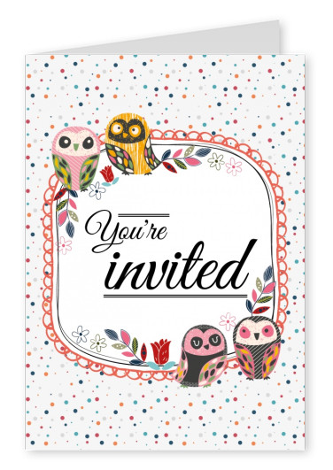 Invitation Card with owls and color dots in the background
