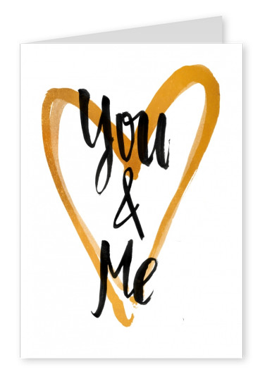 You & Me in black calligrpahy lettering on golden heart and white background