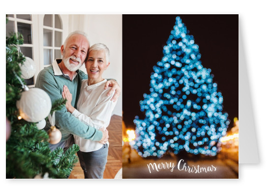 Christmas greeting card with a photo of a blue christmas tree