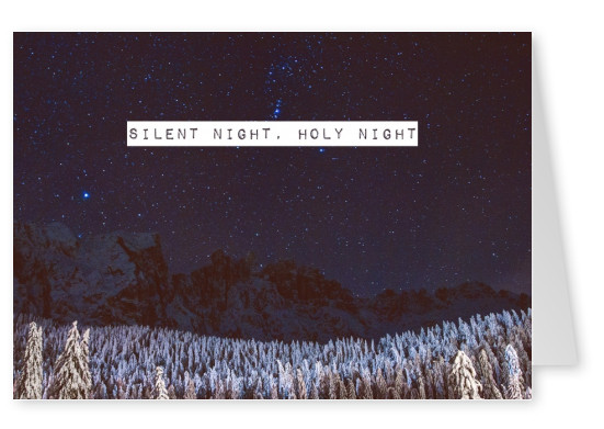 Christmas greeting card wishes silent night, holy night above a fir tree forest
