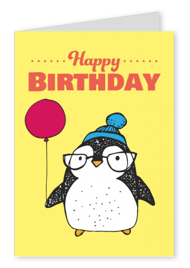 Birthday postcard with cute penguin with a balloon