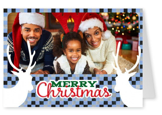 Personalizable christmas card with reindeers on checkerboard pattern