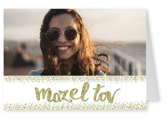 Personalizable congratulation postcard with Mazel tov logo and golden glitter