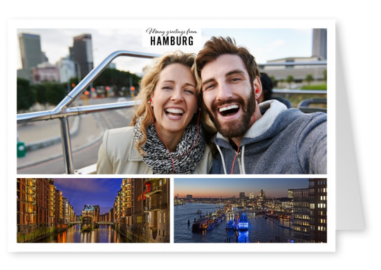 Personalizable greeting card from Hamburg with photos of the city by night