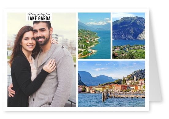 Personalizable greeting card from the Lake Garda with photos of the see, mountains and boats