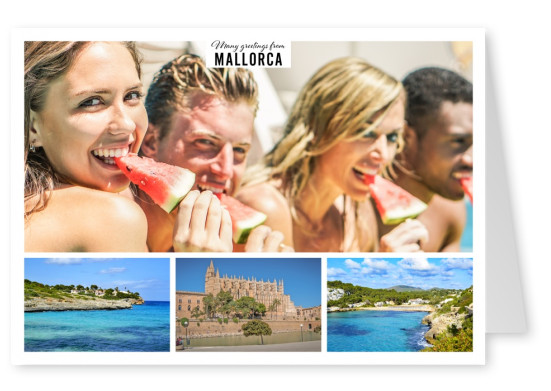 Personalizable greeting card from Mallorca with photos of the beach and Palma de Mallorca