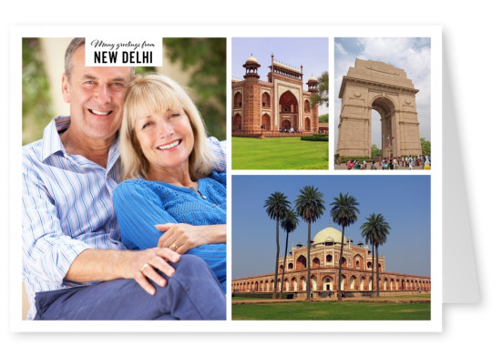 Personalizable greeting card from New Delhi with photos of the attractions on the right side