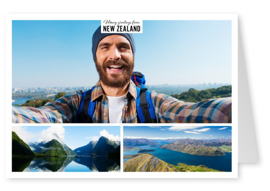 Personalizable greeting card from New Zealand with photos of attractions from the South Island