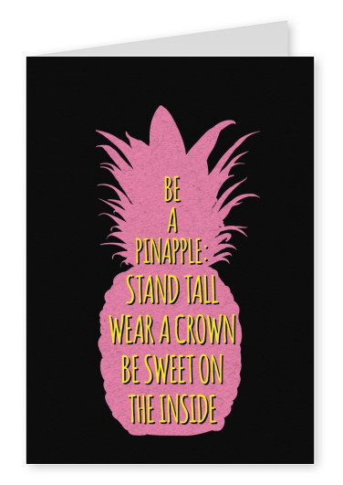 pink silhouette of a pineapple on black ground with neon yellow lettering