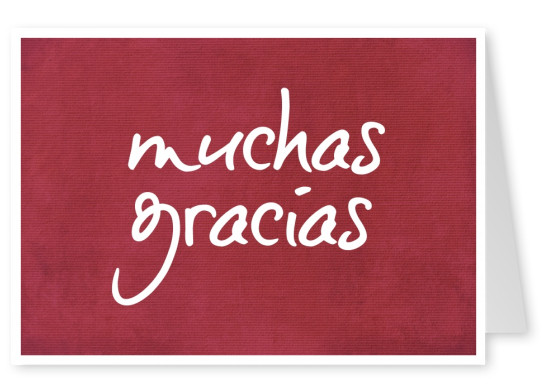 Muchas gracias in white handwriting on red carpet texture–mypostcard