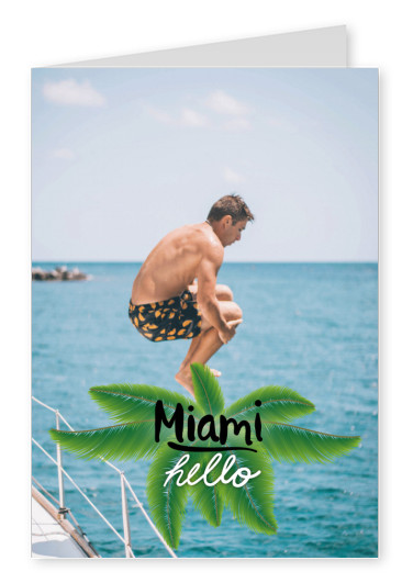 hello miami in black lettering with yellow-green palm leaf in the back