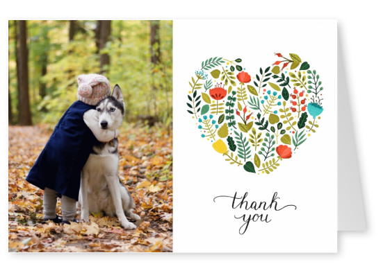 Thank you postcard with heart out of flowers
