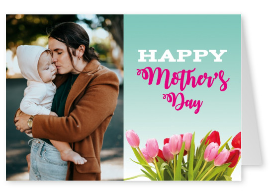 Happy mother's day graphic with pink flowers and turquoise background with with lettering–mypostcard