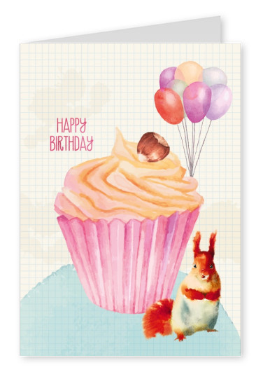 Happy Birthday illustration with muffin and squirrel painted in water colour–mypostcard